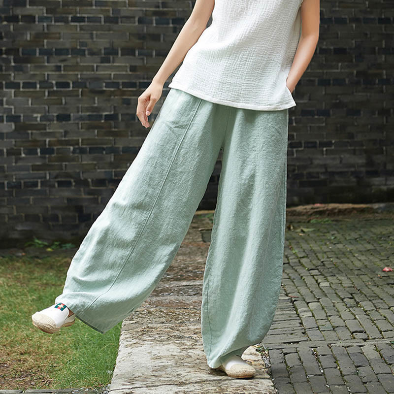 Casual Plain Color Elastic Waistband Fleece Lined Cotton Ramie Women's Pants With Pockets