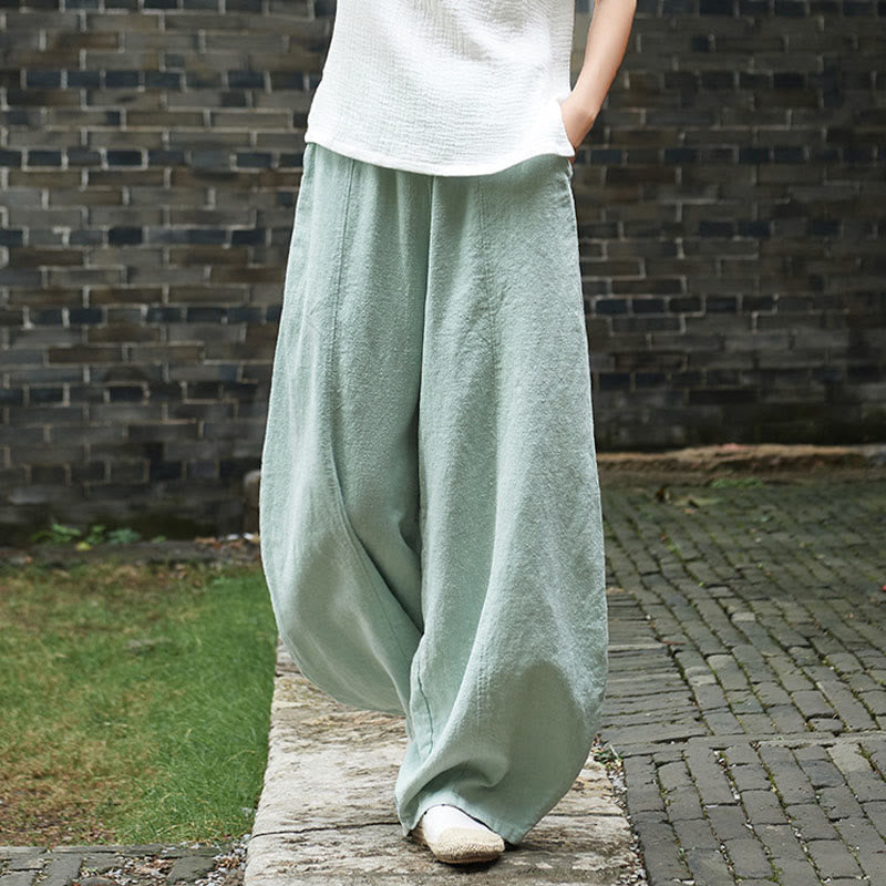 Casual Plain Color Elastic Waistband Fleece Lined Cotton Ramie Women's Pants With Pockets