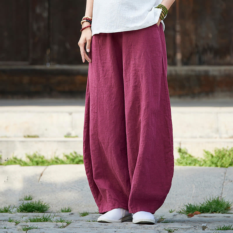 Casual Plain Color Elastic Waistband Fleece Lined Cotton Ramie Women's Pants With Pockets