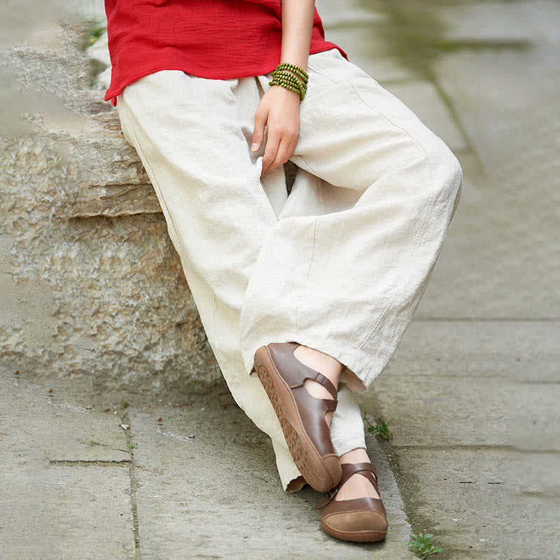 Casual Plain Color Elastic Waistband Fleece Lined Cotton Ramie Women's Pants With Pockets