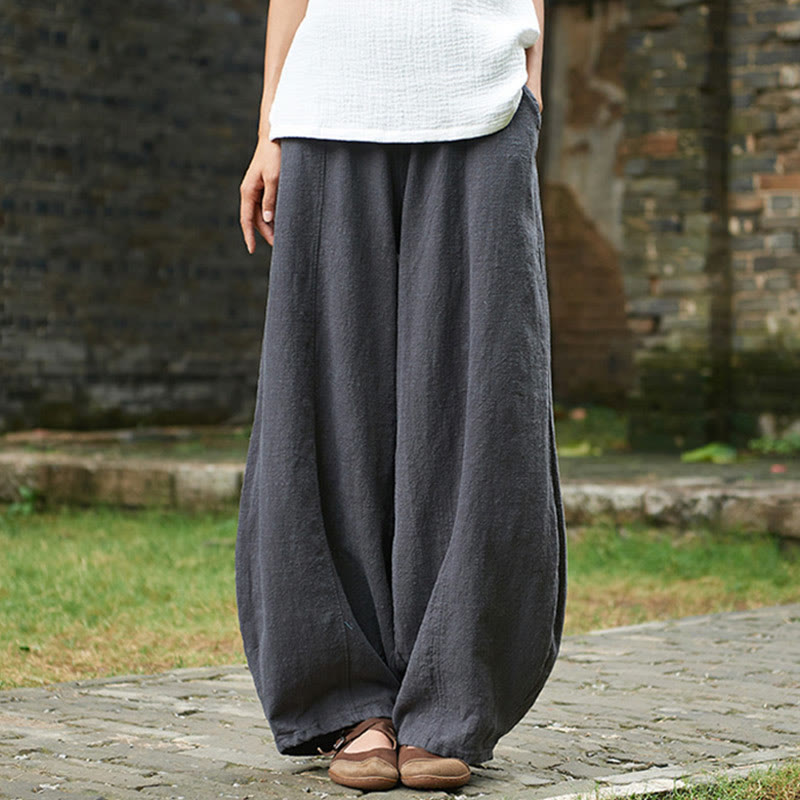 Casual Plain Color Elastic Waistband Fleece Lined Cotton Ramie Women's Pants With Pockets