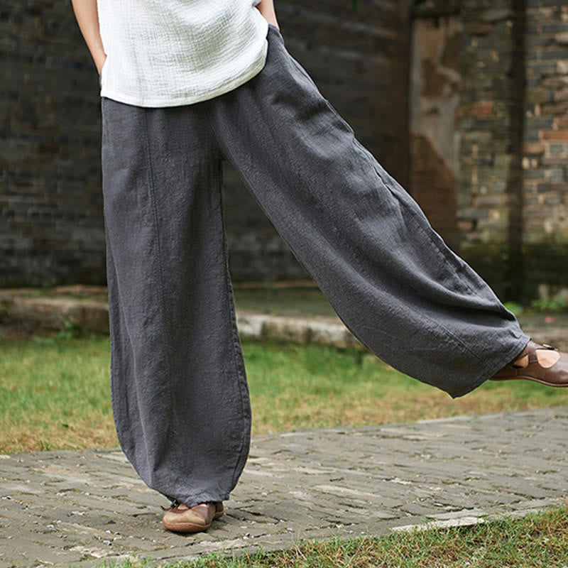 Casual Plain Color Elastic Waistband Fleece Lined Cotton Ramie Women's Pants With Pockets