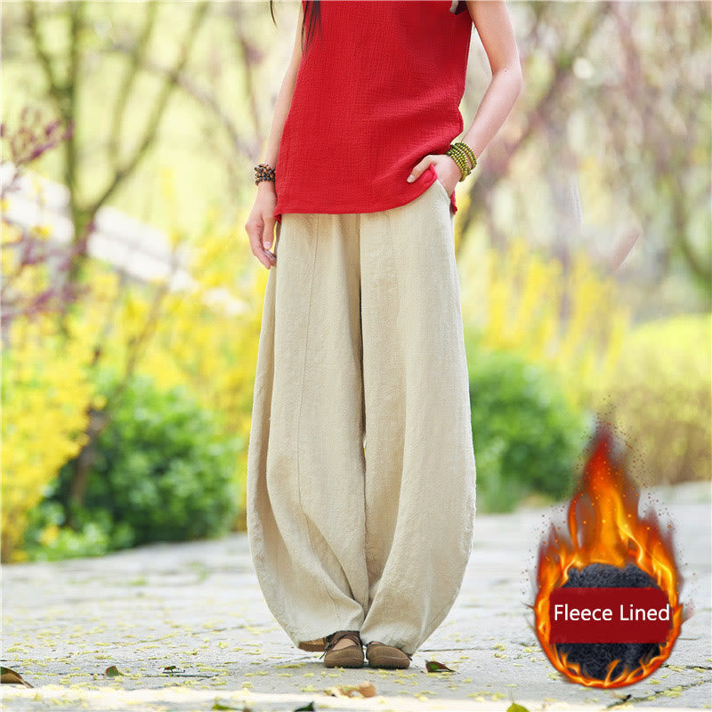 Casual Plain Color Elastic Waistband Fleece Lined Cotton Ramie Women's Pants With Pockets