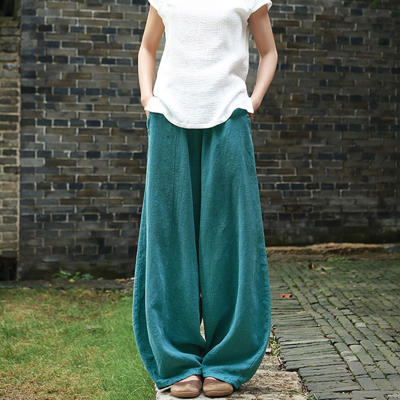 Casual Plain Color Elastic Waistband Fleece Lined Cotton Ramie Women's Pants With Pockets