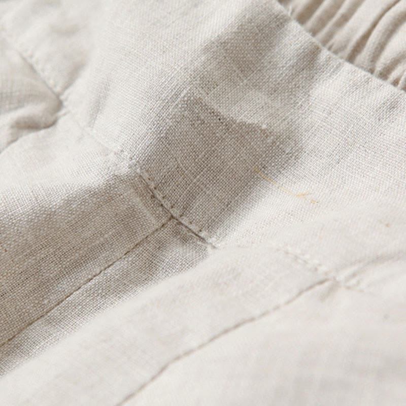 Plain Color Cotton Linen High Waist Wide Leg Pants With Pockets