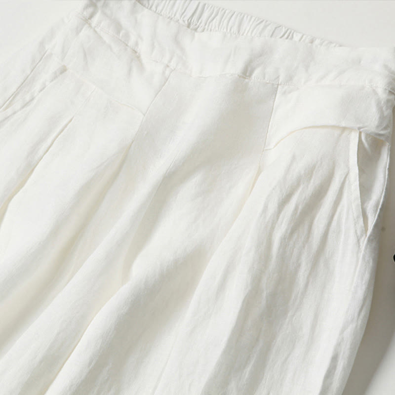 Plain Color Cotton Linen High Waist Wide Leg Pants With Pockets