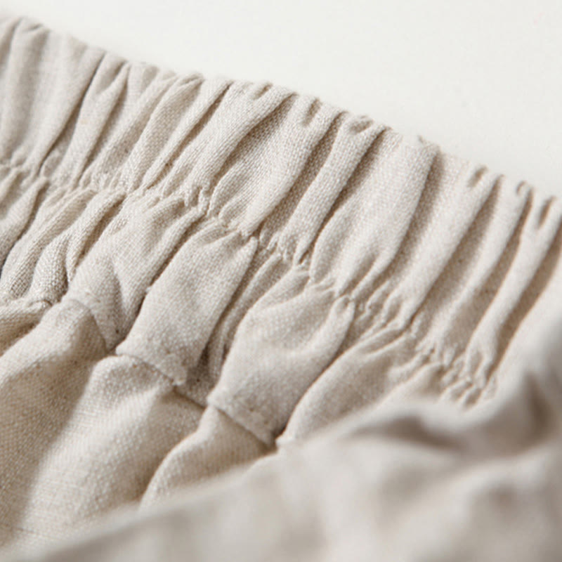 Plain Color Cotton Linen High Waist Wide Leg Pants With Pockets