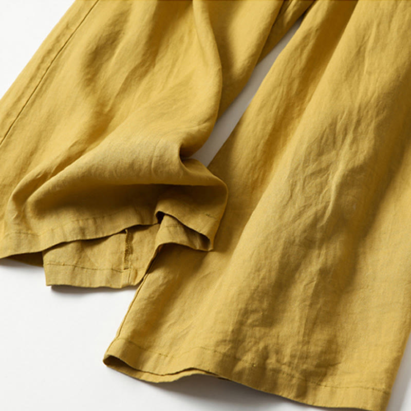 Plain Color Cotton Linen High Waist Wide Leg Pants With Pockets