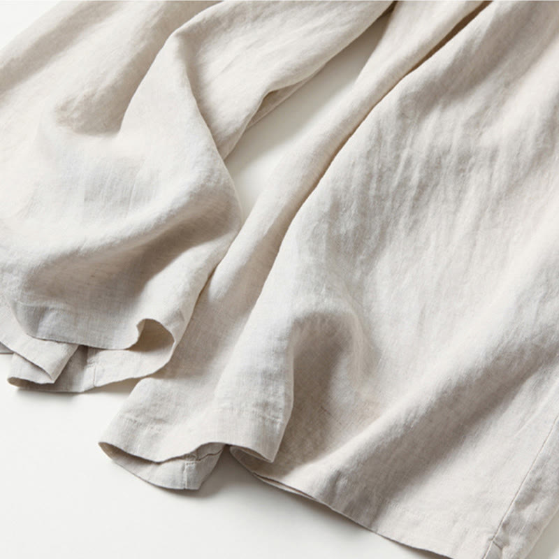 Plain Color Cotton Linen High Waist Wide Leg Pants With Pockets