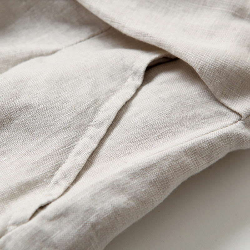 Plain Color Cotton Linen High Waist Wide Leg Pants With Pockets
