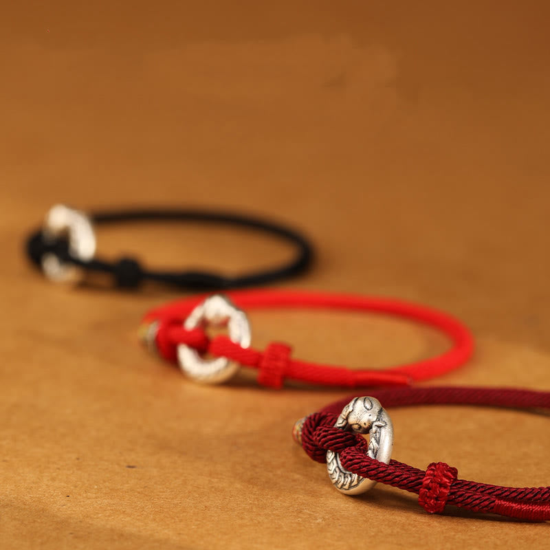 999 Sterling Silver Snake Ping An Kou Coin Red String Bracelet