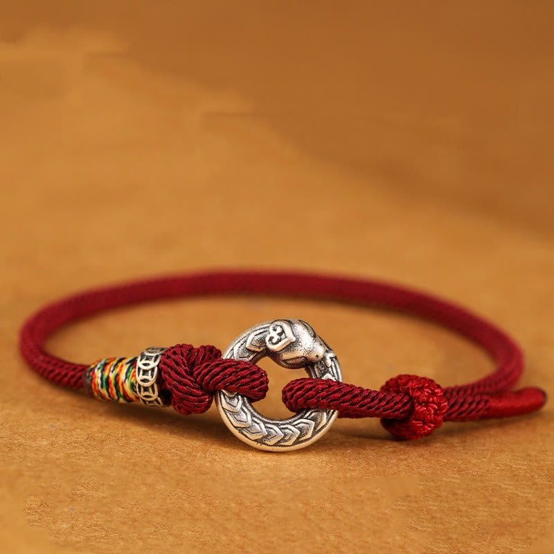 999 Sterling Silver Snake Ping An Kou Coin Red String Bracelet