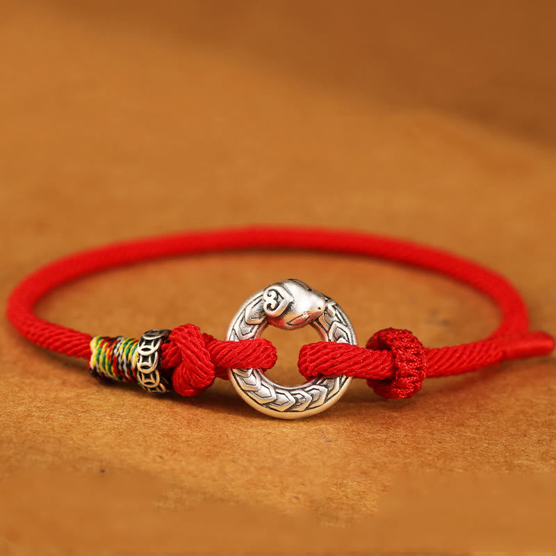 999 Sterling Silver Snake Ping An Kou Coin Red String Bracelet