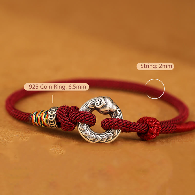 999 Sterling Silver Snake Ping An Kou Coin Red String Bracelet