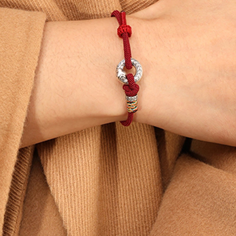 999 Sterling Silver Snake Ping An Kou Coin Red String Bracelet