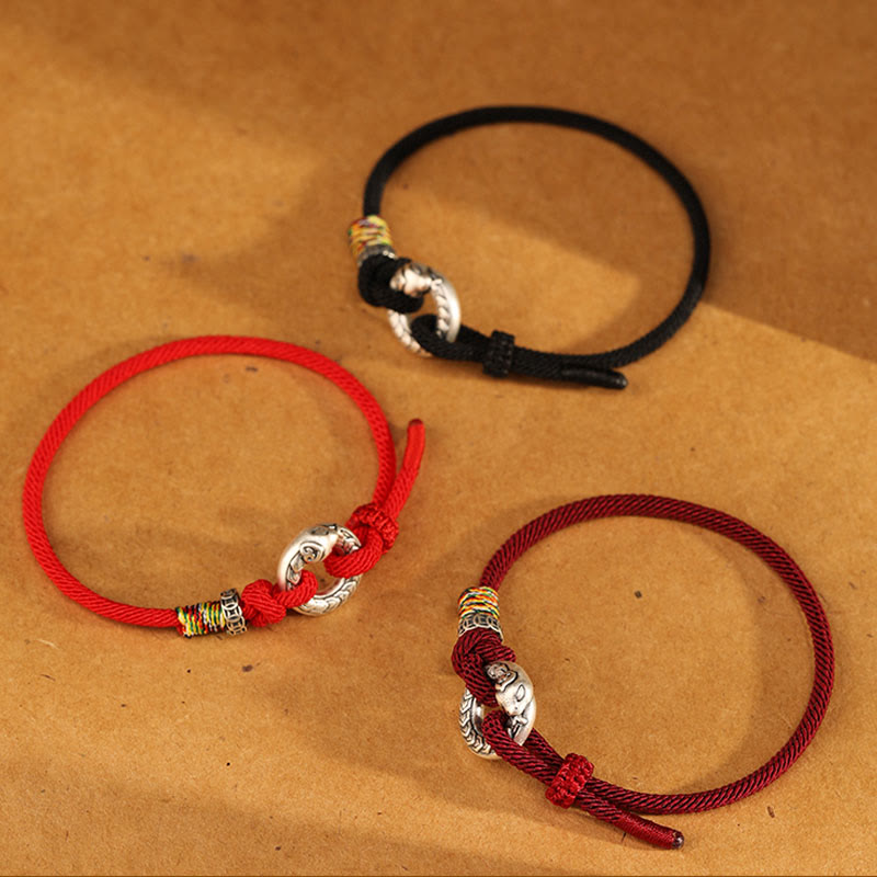 999 Sterling Silver Snake Ping An Kou Coin Red String Bracelet