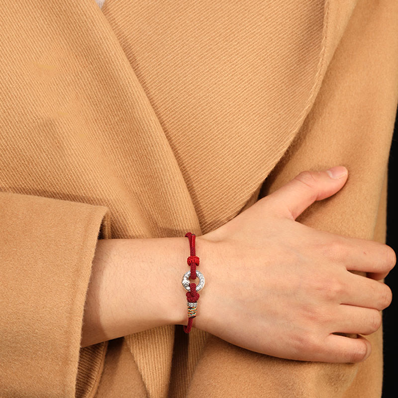 999 Sterling Silver Snake Ping An Kou Coin Red String Bracelet
