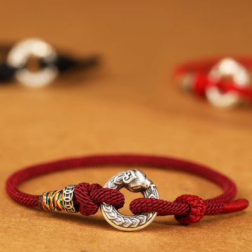 999 Sterling Silver Snake Ping An Kou Coin Red String Bracelet
