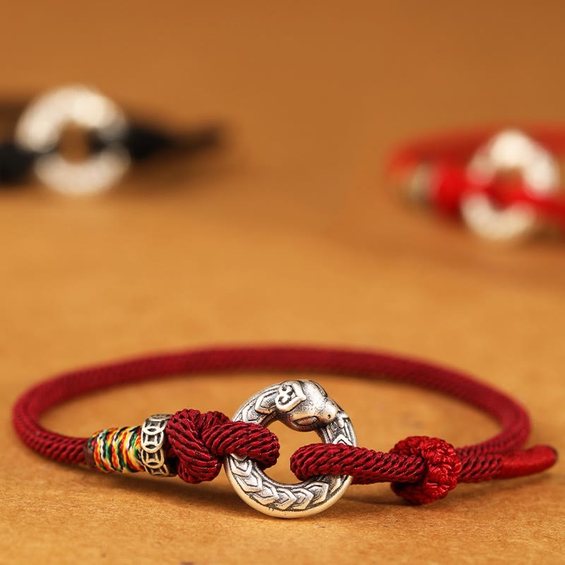 999 Sterling Silver Snake Ping An Kou Coin Red String Bracelet