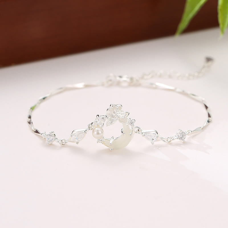 Hetian Jade 925 Sterling Silver Cubic Zirconia Pearl Lotus Bracelet