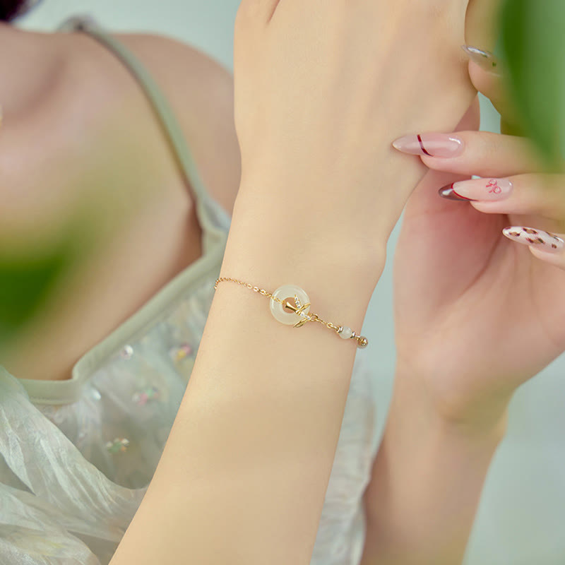 Hetian Jade 925 Sterling Silver Cubic Zirconia Peace Buckle Luck Bracelet