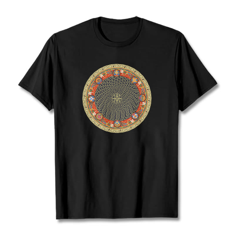 Circular Om Mani Padme Hum Eight Auspicious Symbols Cotton Tee T-shirt