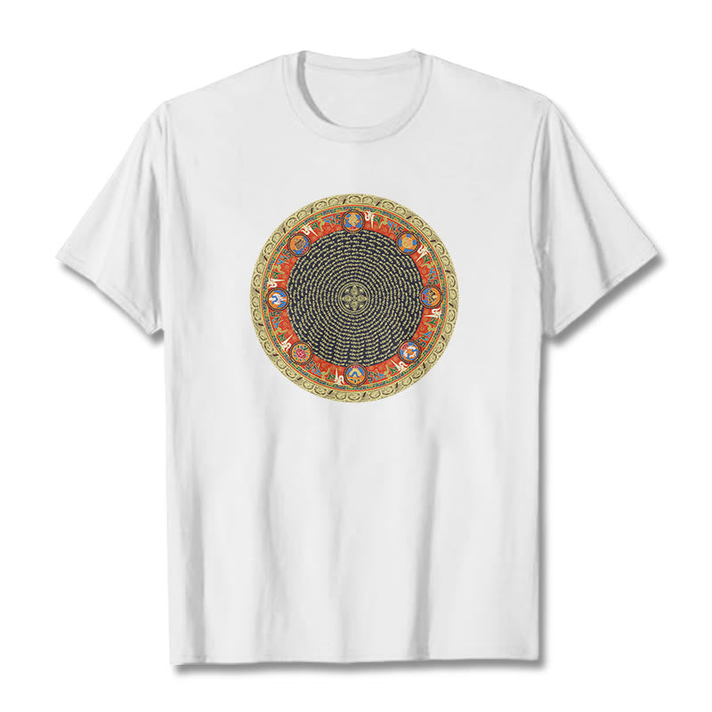 Circular Om Mani Padme Hum Eight Auspicious Symbols Cotton Tee T-shirt