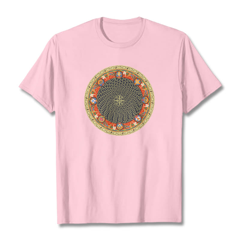 Circular Om Mani Padme Hum Eight Auspicious Symbols Cotton Tee T-shirt