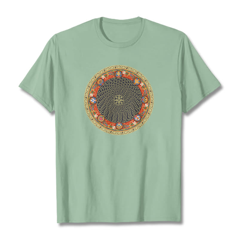 Circular Om Mani Padme Hum Eight Auspicious Symbols Cotton Tee T-shirt