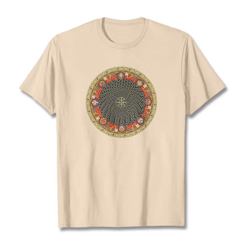 Circular Om Mani Padme Hum Eight Auspicious Symbols Cotton Tee T-shirt