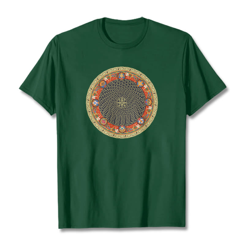 Circular Om Mani Padme Hum Eight Auspicious Symbols Cotton Tee T-shirt