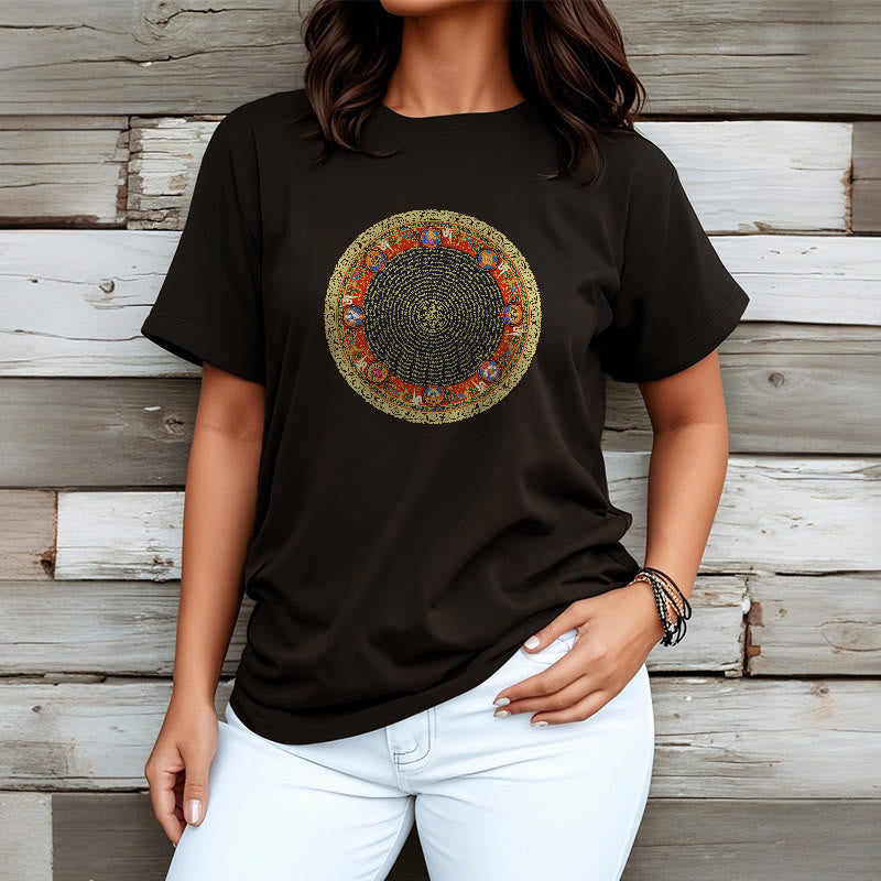 Circular Om Mani Padme Hum Eight Auspicious Symbols Cotton Tee T-shirt