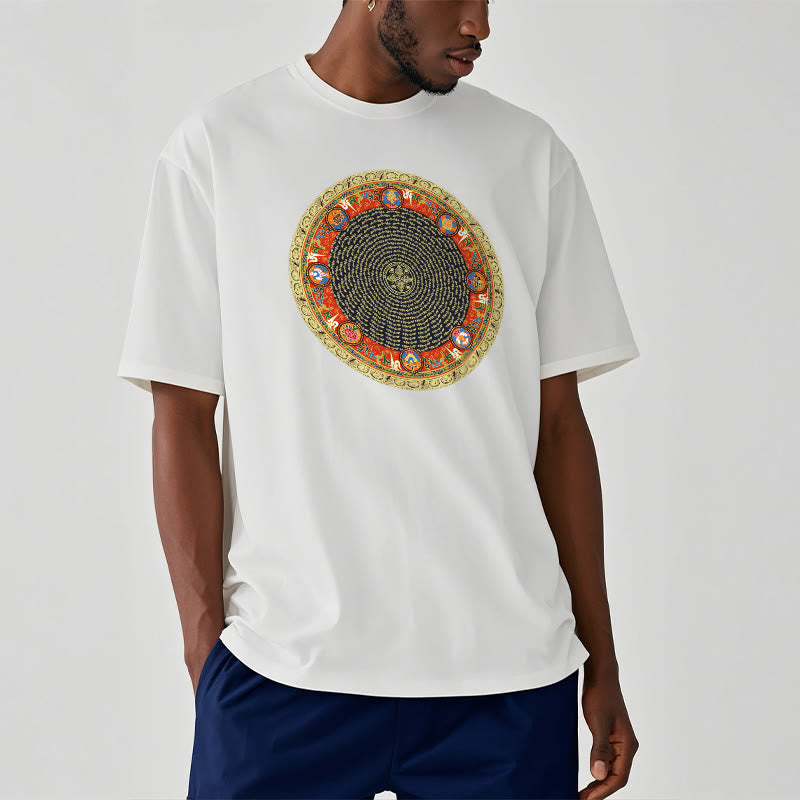 Circular Om Mani Padme Hum Eight Auspicious Symbols Cotton Tee T-shirt