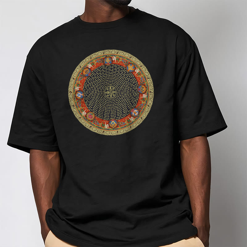 Circular Om Mani Padme Hum Eight Auspicious Symbols Cotton Tee T-shirt