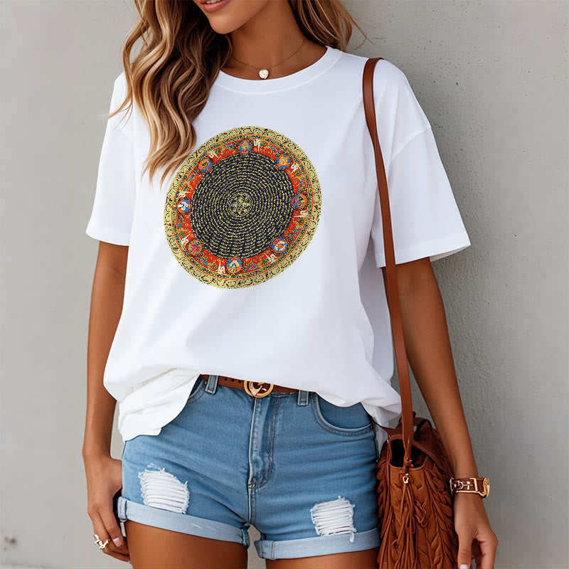 Circular Om Mani Padme Hum Eight Auspicious Symbols Cotton Tee T-shirt