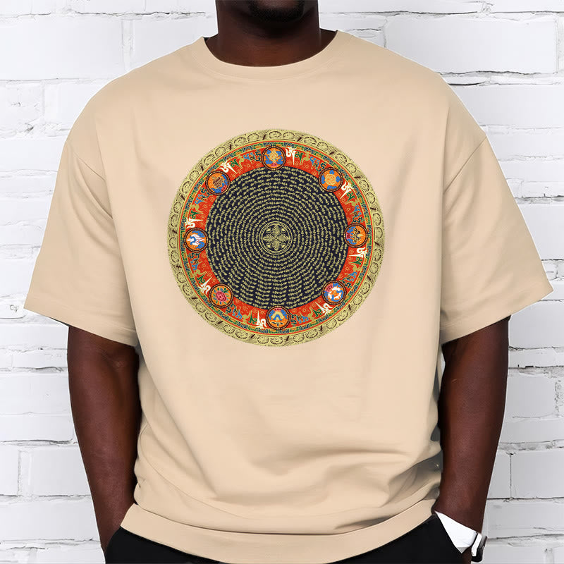 Circular Om Mani Padme Hum Eight Auspicious Symbols Cotton Tee T-shirt