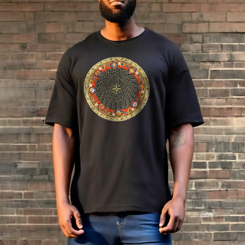 Circular Om Mani Padme Hum Eight Auspicious Symbols Cotton Tee T-shirt