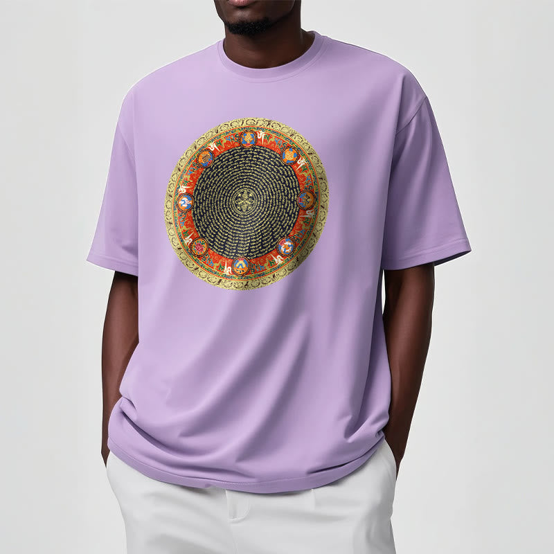 Circular Om Mani Padme Hum Eight Auspicious Symbols Cotton Tee T-shirt