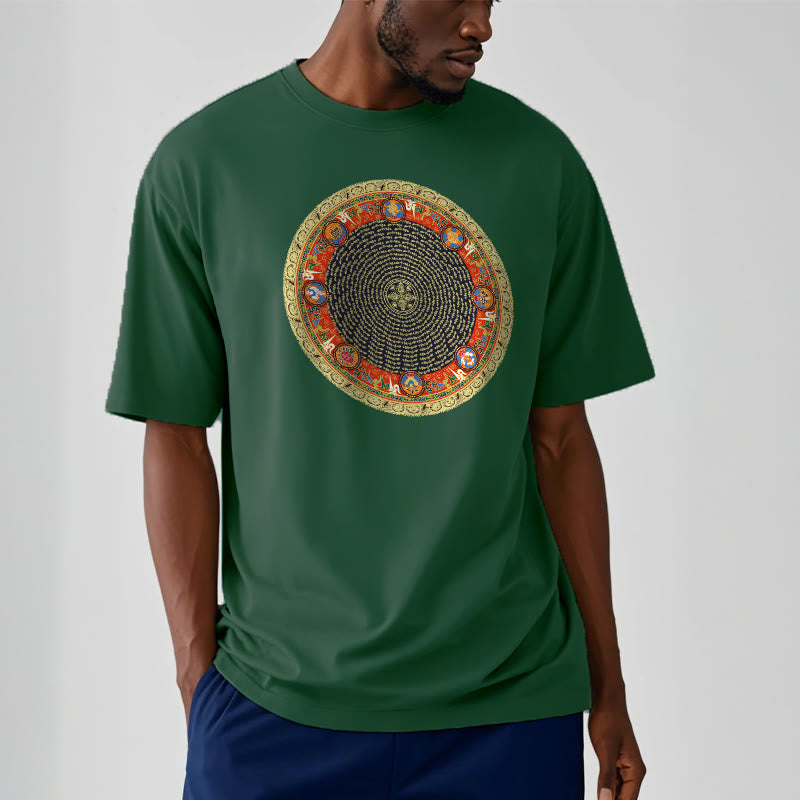 Circular Om Mani Padme Hum Eight Auspicious Symbols Cotton Tee T-shirt