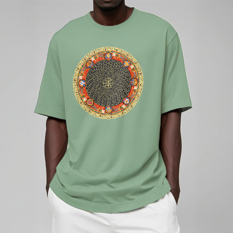 Circular Om Mani Padme Hum Eight Auspicious Symbols Cotton Tee T-shirt