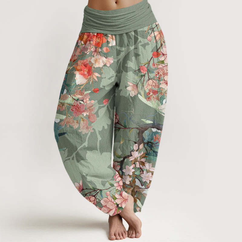Cotton Red Pink Blooming Flowers Lush Branches Women's Elastic Waist Harem Pants