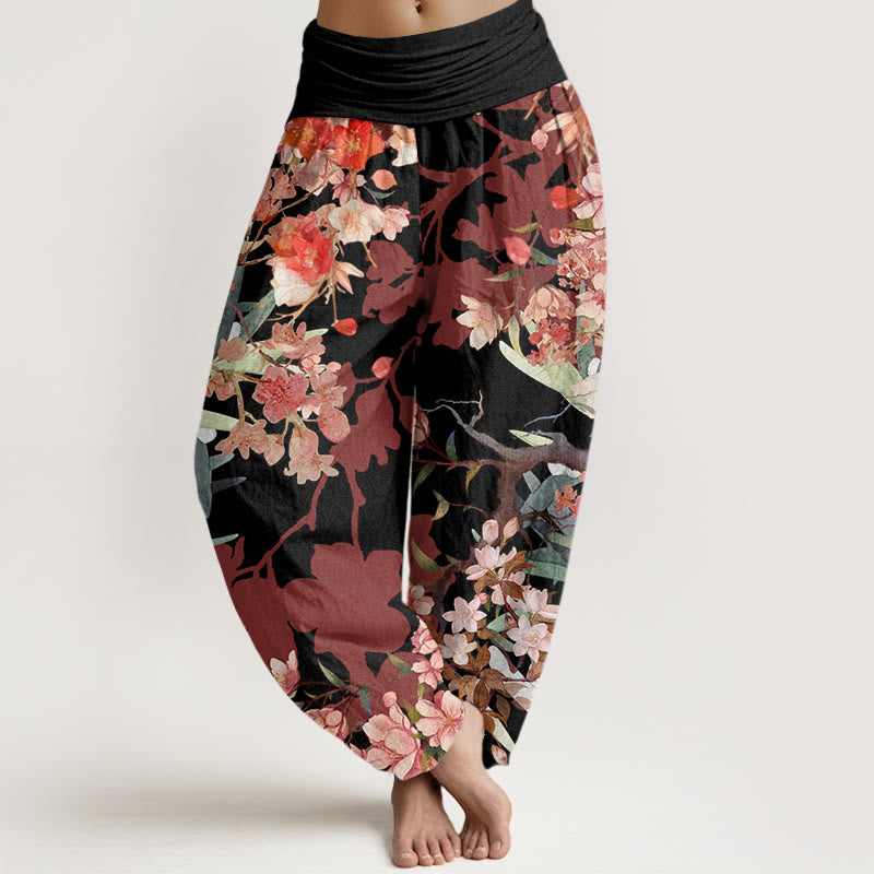 Cotton Red Pink Blooming Flowers Lush Branches Women's Elastic Waist Harem Pants
