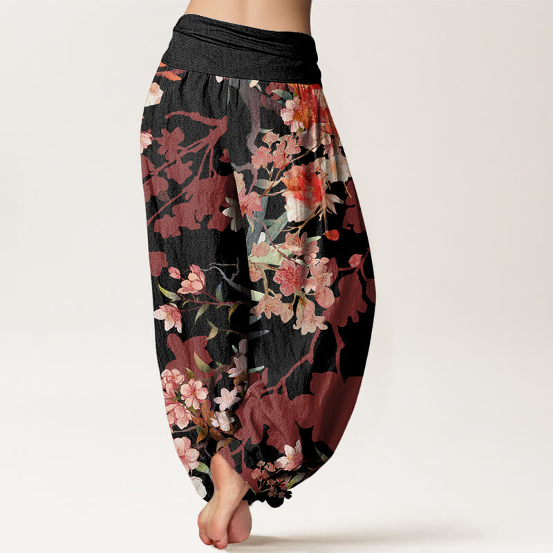 Cotton Red Pink Blooming Flowers Lush Branches Women's Elastic Waist Harem Pants