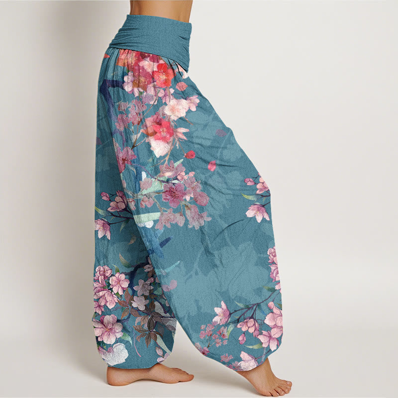 Cotton Red Pink Blooming Flowers Lush Branches Women's Elastic Waist Harem Pants