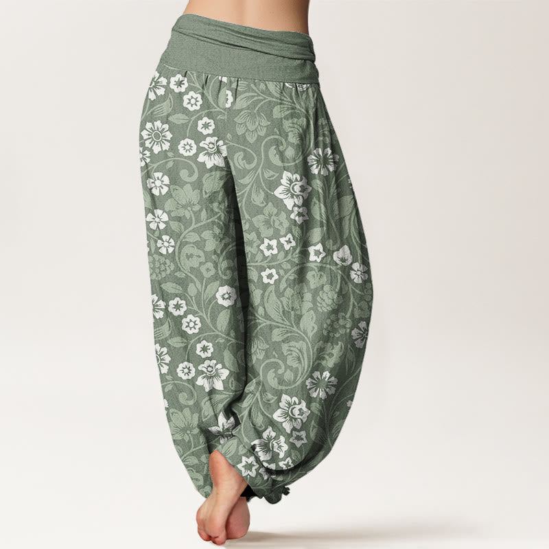 Cotton Small Flowers Intertwining Branches Women's Elastic Waist Harem Pants