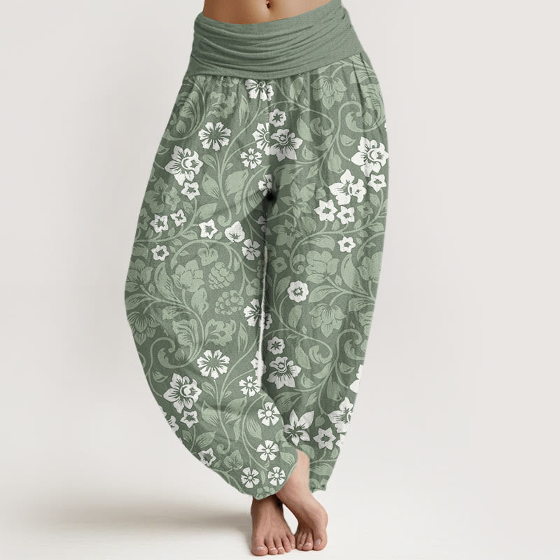 Cotton Small Flowers Intertwining Branches Women's Elastic Waist Harem Pants