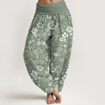 Cotton Small Flowers Intertwining Branches Women's Elastic Waist Harem Pants