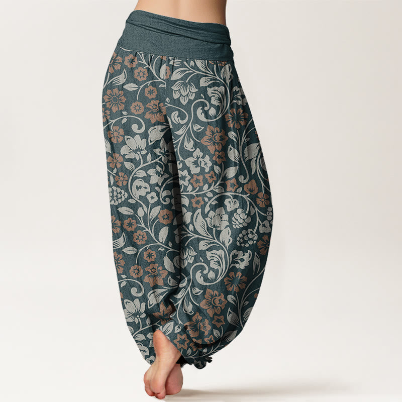 Cotton Small Flowers Intertwining Branches Women's Elastic Waist Harem Pants