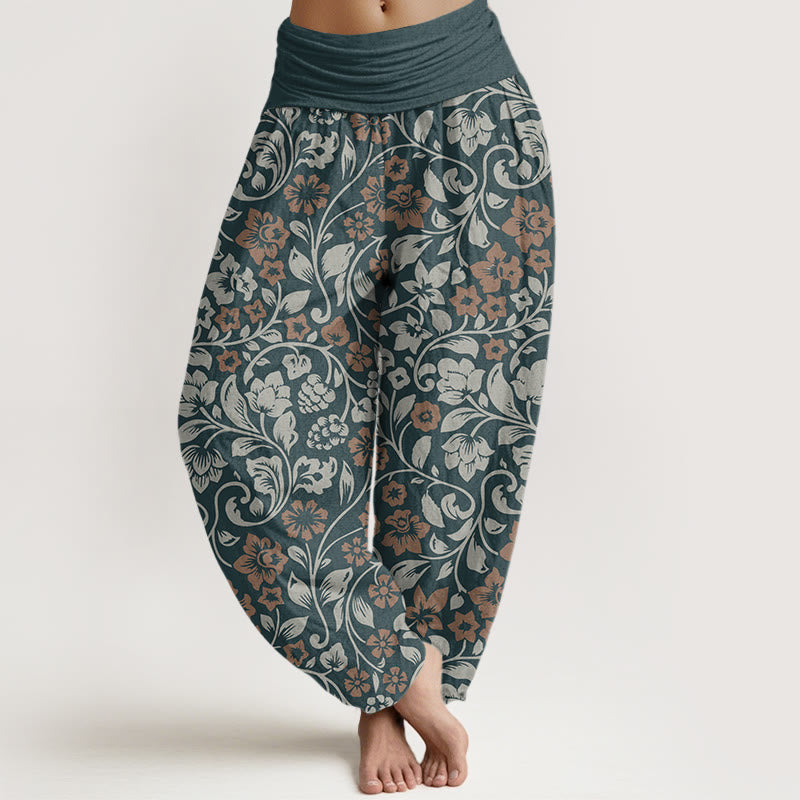 Cotton Small Flowers Intertwining Branches Women's Elastic Waist Harem Pants