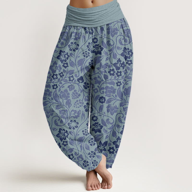 Cotton Small Flowers Intertwining Branches Women's Elastic Waist Harem Pants